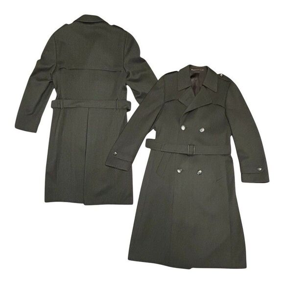Vintage Military Green International Style Pure New Wool Trench Coat Med Paris